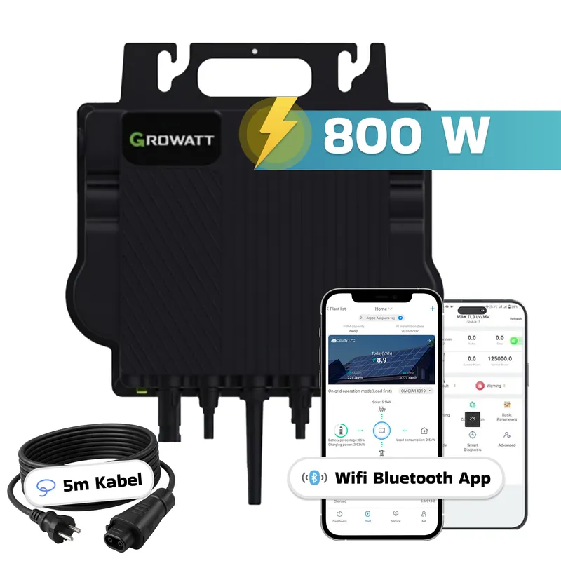 Garantierte Lieferung GROWATT Mikro-Wechselrichter 800 W NEO‑800M‑X für Balkonkraftwerk, IP67 wetterfest, Plug&Play Installation, 2 MPPT, WIFI Bluetooth, inkl.5m Anschlusskabel Micro Inverter