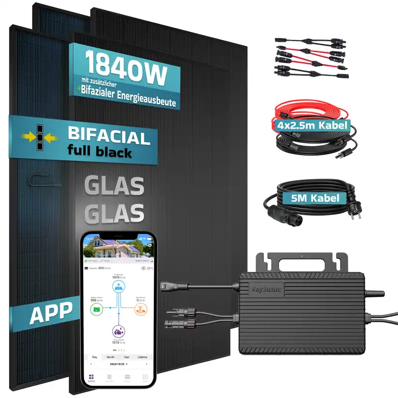 Echt SUNNIVA® 1840W Balkonkraftwerk BIFAZIAL FULLBLACK komplett Steckdose VAYSUNIC VM800WE-BE-P2 800W Wechselrichter, PV Solaranlage Komplettset,4x460W Glas-Glas Bifacial Solarmodule, 5m + 4x2,5m Kabelset