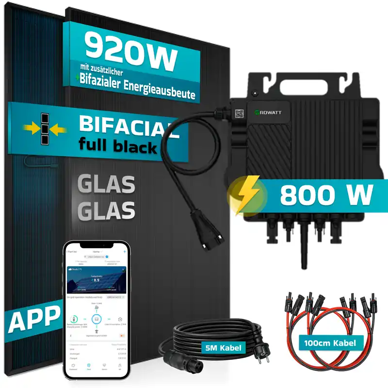 Bestseller SUNNIVA® 920W Balkonkraftwerk BIFAZIAL FULLBLACK komplett Steckdose GROWATT NEO-800M-X Watt Wechselrichter, PV Solaranlage Komplettset,2x460W Glas-Glas Bifacial Solarmodule, 5m Kabel,4x1m Solarkabel
