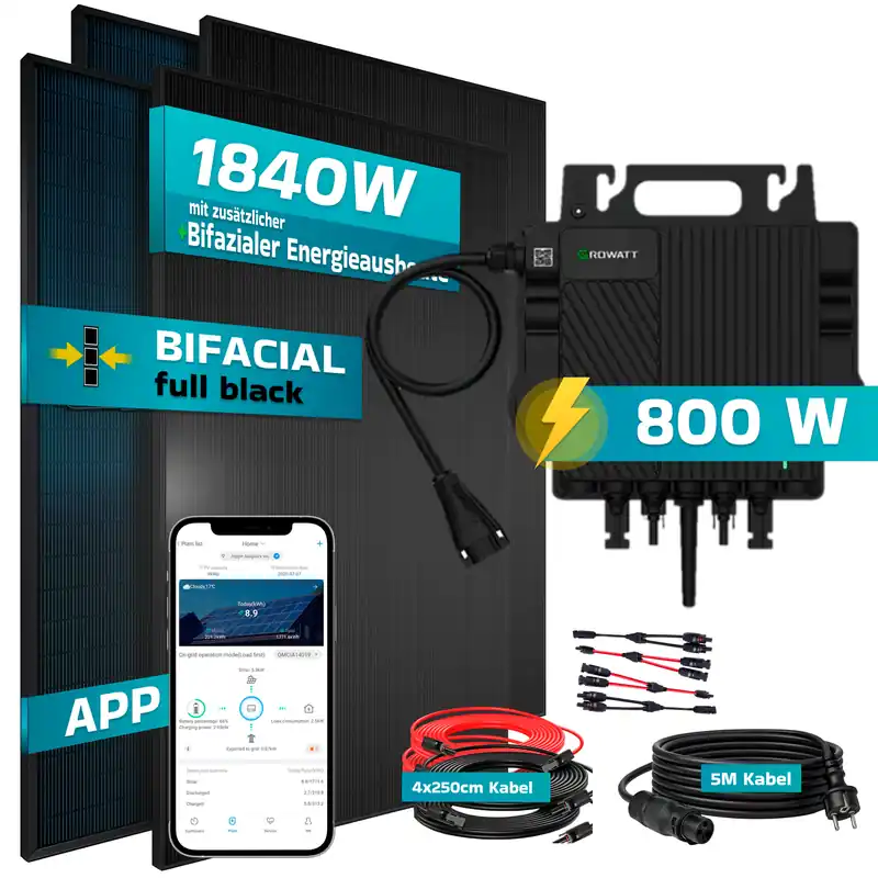 Schneller Versand SUNNIVA® 1840W Balkonkraftwerk BIFAZIAL FULLBLACK komplett Steckdose GROWATT NEO-800M-X Wechselrichter, PV Solaranlage Komplettset,4x460W Glas-Glas Bifacial Solarmodule, 5m Kabel,4x2,5m Solarkabel