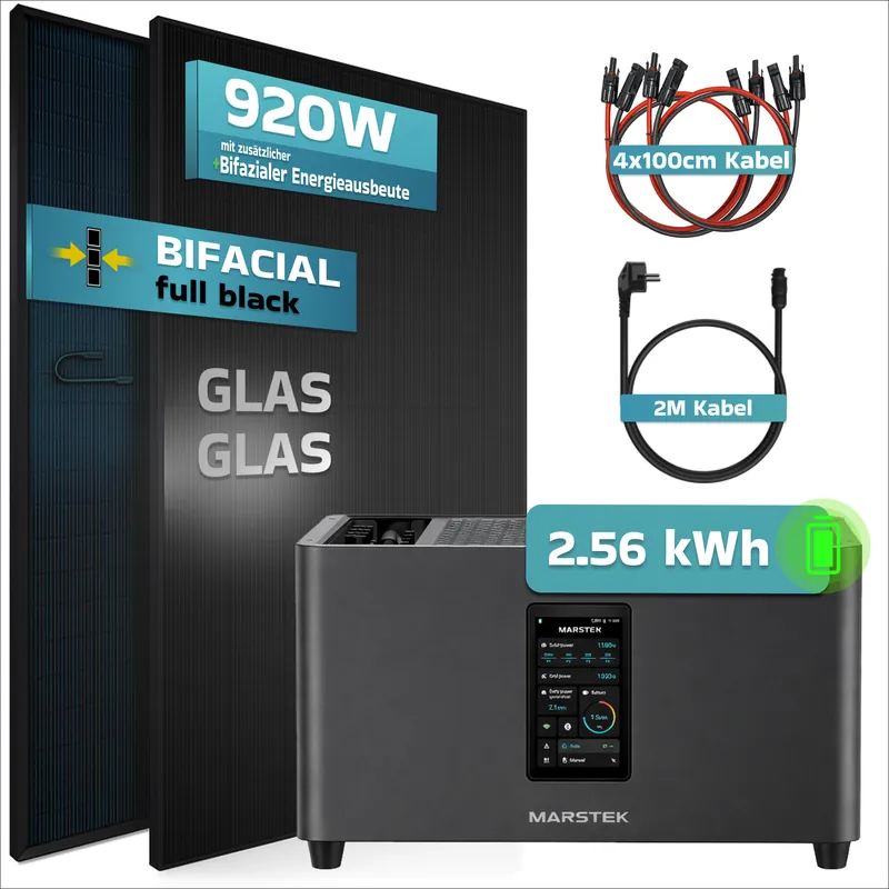 SUNNIVA® 920W Balkonkraftwerk mit 2,56 kWh Speicher MARSTEK Jupiter + C, BIFAZIAL FULLBLACK komplett Steckdose, PV Solaranlage Komplettset mit Solarspeicher, 2x 460W N-Type Glas-Glas Bifacial Module Letzte Chance
