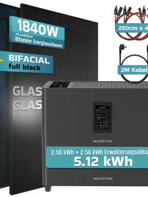 Garantierte Lieferung SUNNIVA® 1840W Balkonkraftwerk mit 5,12 kWh Speicher MARSTEK Jupiter C + Plus, BIFAZIAL FULLBLACK komplett Steckdose, PV Solaranlage Komplettset mit Solarspeicher, 4x 460W N-Type Glas-Glas Bifacial PV