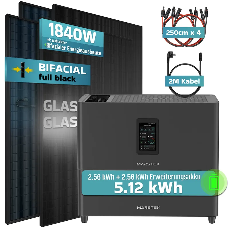 Garantierte Lieferung SUNNIVA® 1840W Balkonkraftwerk mit 5,12 kWh Speicher MARSTEK Jupiter C + Plus, BIFAZIAL FULLBLACK komplett Steckdose, PV Solaranlage Komplettset mit Solarspeicher, 4x 460W N-Type Glas-Glas Bifacial PV