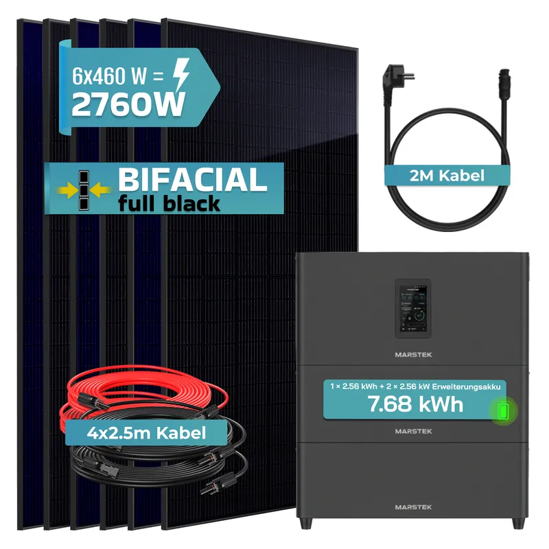 Aktuell SUNNIVA® 2760W Balkonkraftwerk mit 7,68 kWh Speicher MARSTEK Jupiter C + Plus, BIFAZIAL FULLBLACK komplett Steckdose, PV Solaranlage Komplettset mit Solarspeicher, 6x 460W N-Type Glas-Glas Bifacial PV