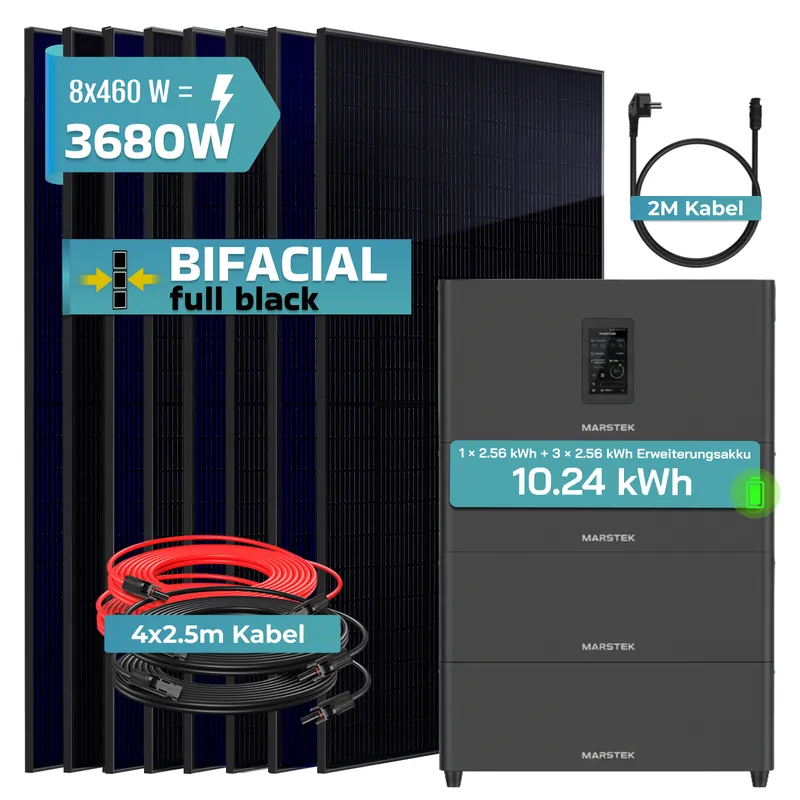 Aktuell SUNNIVA® 3680W Balkonkraftwerk mit 10,24 kWh Speicher MARSTEK Jupiter C + Plus, BIFAZIAL FULLBLACK komplett Steckdose, PV Solaranlage Komplettset mit Solarspeicher, 8x 460W N-Type Glas-Glas Bifacial PV