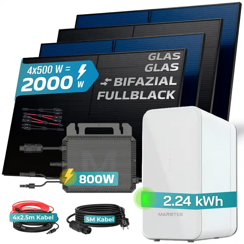Finale Aktion SUNNIVA® 2000W Balkonkraftwerk mit 2,24 kWh Speicher MARSTEK B2500-D, BIFAZIAL FULLBLACK komplett Steckdose, PV Solaranlage Komplettset mit Solarspeicher, 4x 500W N-Type Glas Bifacial Module