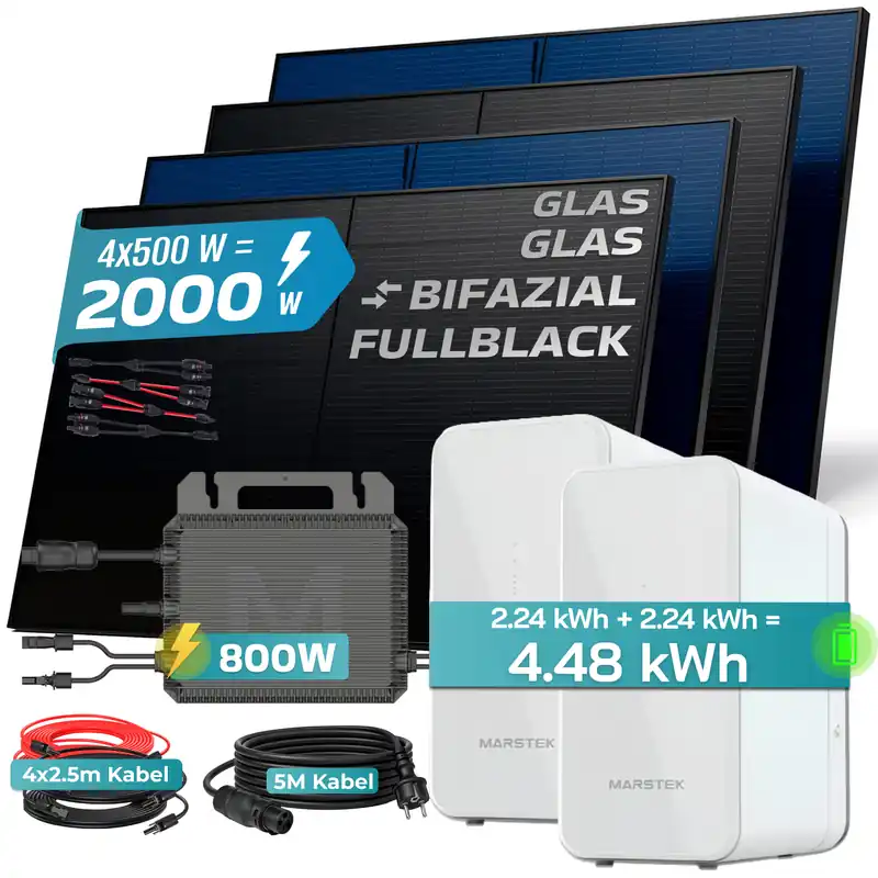 Direkt Vom Hersteller SUNNIVA® 2000W Balkonkraftwerk mit 4.48 kWh Speicher MARSTEK 2x B2500-D, BIFAZIAL FULLBLACK komplett Steckdose, PV Solaranlage Komplettset mit Solarspeicher, 4x 500W N-Type Glas-Glas Bifacial Module