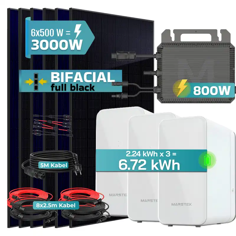 Sonderaktion SUNNIVA® 3000W Balkonkraftwerk mit 6,72 kWh Speicher MARSTEK 3x B2500-D, BIFAZIAL FULLBLACK komplett Steckdose, PV Solaranlage Komplettset mit Solarspeicher, 6x 500W N-Type Glas-Glas Bifacial Module