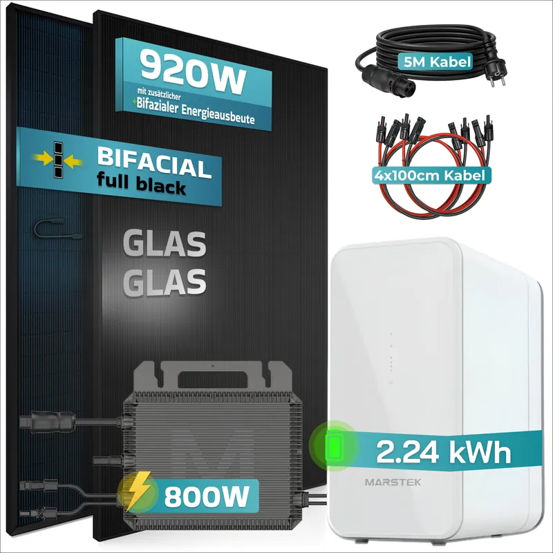 Bestseller SUNNIVA® 920W Balkonkraftwerk mit 2,24 kWh Speicher Marstek B2500-D, BIFAZIAL FULLBLACK komplett Steckdose, PV Solaranlage Komplettset mit Solarspeicher, 2x 460W N-Type Glas-Glas Bifacial Module