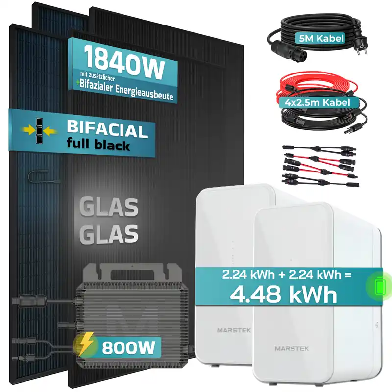 Highlight SUNNIVA® 1840W Balkonkraftwerk mit 4.48 kWh Speicher Marstek 2x B2500-D, BIFAZIAL FULLBLACK komplett Steckdose, PV Solaranlage Komplettset mit Solarspeicher, 4x 460W N-Type Glas-Glas Bifacial Module