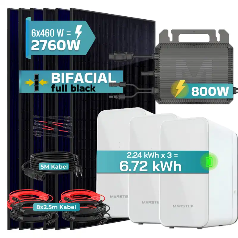 Jetzt Kaufen SUNNIVA® 2760W Balkonkraftwerk mit 6,72 kWh Speicher Marstek 3x B2500-D, BIFAZIAL FULLBLACK komplett Steckdose, PV Solaranlage Komplettset mit Solarspeicher, 6x 460W N-Type Glas-Glas Bifacial Module