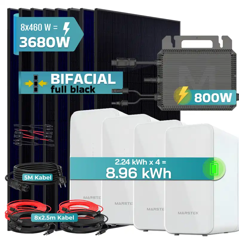 Top-Seller SUNNIVA® 3680W Balkonkraftwerk mit 8,96 kWh Speicher Marstek 4x B2500-D, BIFAZIAL FULLBLACK komplett Steckdose, PV Solaranlage Komplettset mit Solarspeicher, 8x 460W N-Type Glas-Glas Bifacial Module