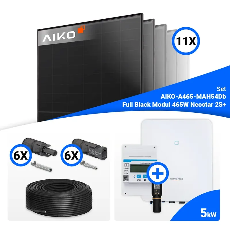 Abverkauf PV Komplettset 5 kWp – 11x AIKO 465W Full Black & Sungrow SH5.0RT mit Speicheroption