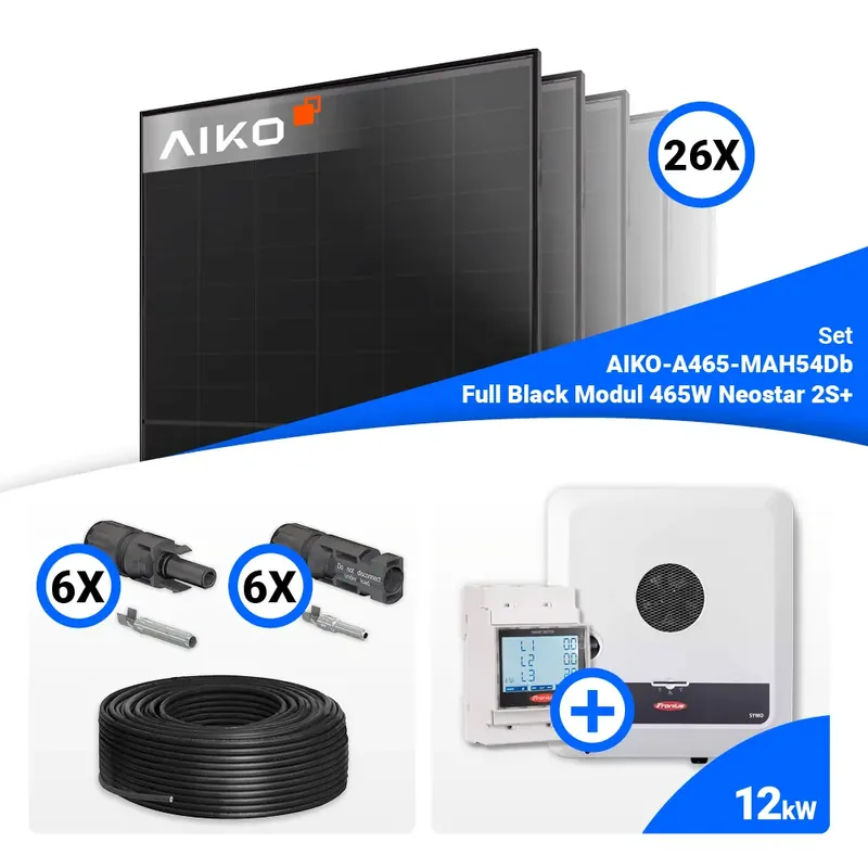 Markenware PV Komplettset 12 kWp – 26x AIKO 465W Full Black & Fronius SYMO-GEN24-12.0-PLUS-SC mit Speicheroption