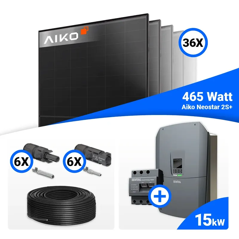 Neu Im Sortiment PV Komplettset 15 kWp – 36x AIKO 465W Full Black & Kostal G3 L Plenticore mit Speicheroption