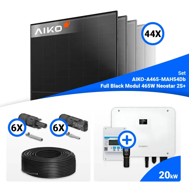 Kostenloser Rückversand PV Komplettset 20 kWp – 44x AIKO 465W Full Black & Sungrow Hybrid SH20T mit Speicheroption