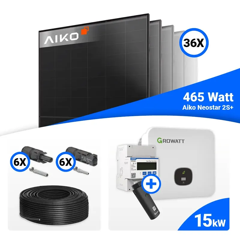 Sonderaktion PV Komplettset 15 kWp – 36x AIKO 465W Full Black & Growatt MOD 15KTL3-HU mit Speicheroption