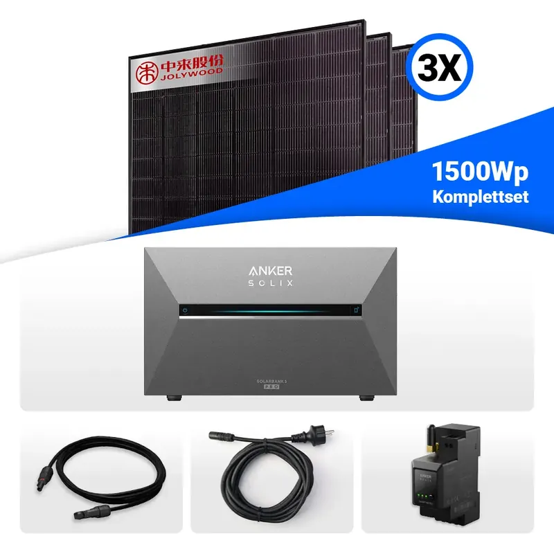 Meistverkauft 1500W Balkonkraftwerk mit Speicher - 3x Jolywood 500W Full Black bifazial & Anker Solix Solarbank 3 Pro