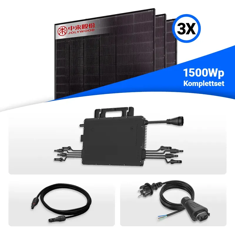 1500W Balkonkraftwerk - 3x Jolywood 500W Full Black bifazial & Hoymiles HiFlow HMS-2000-4WB Wechselrichter Direktkauf