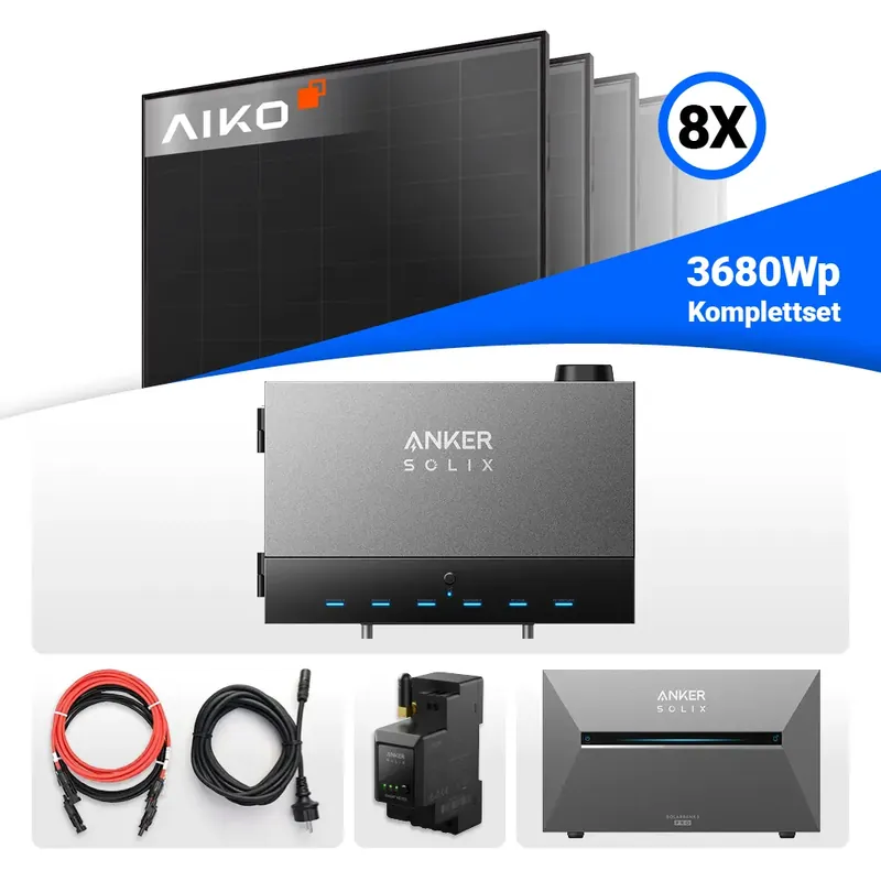 3680W Anker Solix Power Dock PV-Komplettset – 8x AIKO Solar 460W Glas-Glas Full Black & Anker Solix Solarbank 3 Pro Preiswert