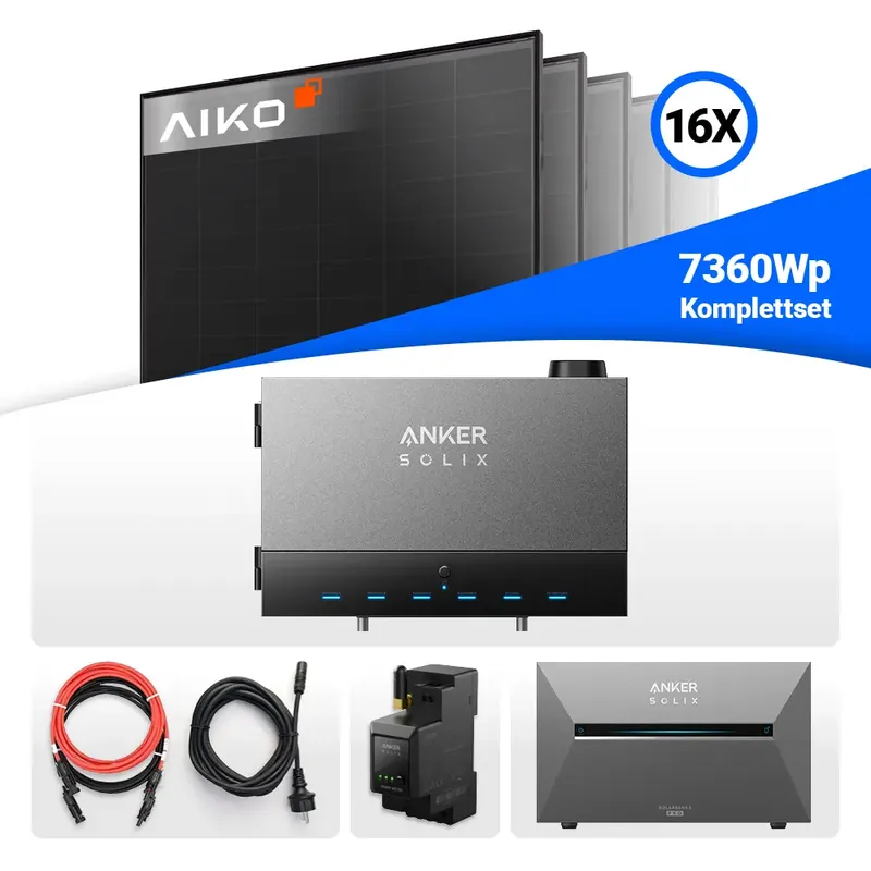 Highlight 7360W Anker Solix Power Dock PV-Komplettset – 16x AIKO Solar 460W Glas-Glas Full Black & Anker Solix Solarbank 3 Pro