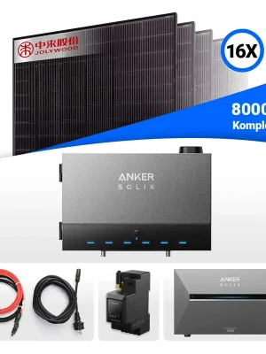 Schnäppchen 8000W Anker Solix Power Dock PV-Komplettset – 16x Jolywood 500W Bifazial Glas-Glas Full Black & Anker Solix Solarbank 3 Pro