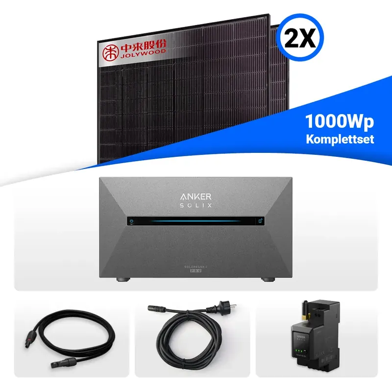 1000W Balkonkraftwerk mit Speicher - 2x Jolywood 500W JW-HD108N-R2 Bifazial Glas-Glas Full Black & Anker Solix Solarbank 2 Pro Kracherpreis
