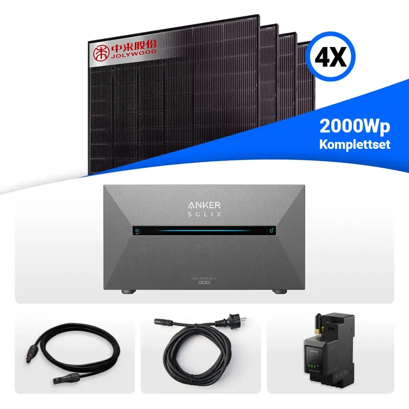Direktkauf 2000W Balkonkraftwerk mit Speicher - 4x Jolywood 500W JW-HD108N-R2 Bifazial Glas-Glas Full Black & Anker Solix Solarbank 2 Pro