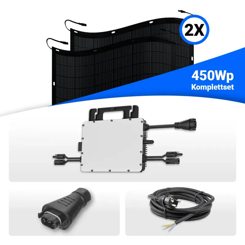 Preiswert 450W Balkonkraftwerk – solago mit flexiblen Solarmodulen 2x225W Set mit Speicheroption