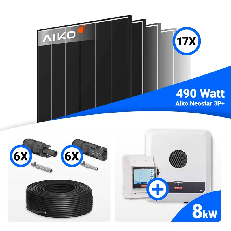 Meistverkauft PV Komplettset 8 kWp – 17x AIKO 490W Black Frame & Fronius SYMO-GEN24 8.0 Plus SC mit Speicheroption