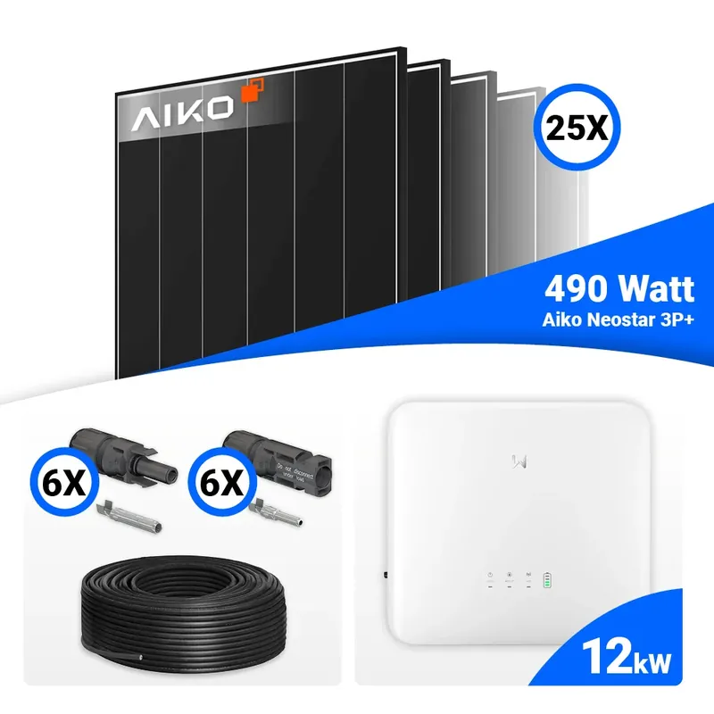 Preisreduziert PV Komplettset 12 kWp – 25x AIKO 490W Black Frame & GoodWe GW12K-ET-20 mit Speicheroption