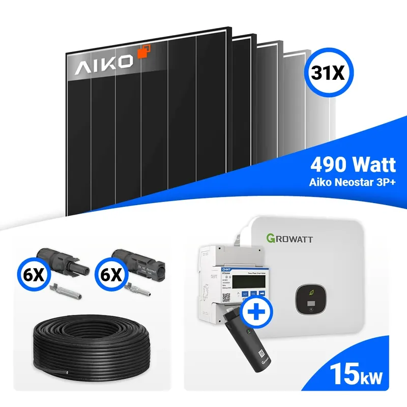 Preiswert PV Komplettset 15 kWp – 31x AIKO 490W Black Frame & Growatt MOD 15KTL3-HU mit Speicheroption