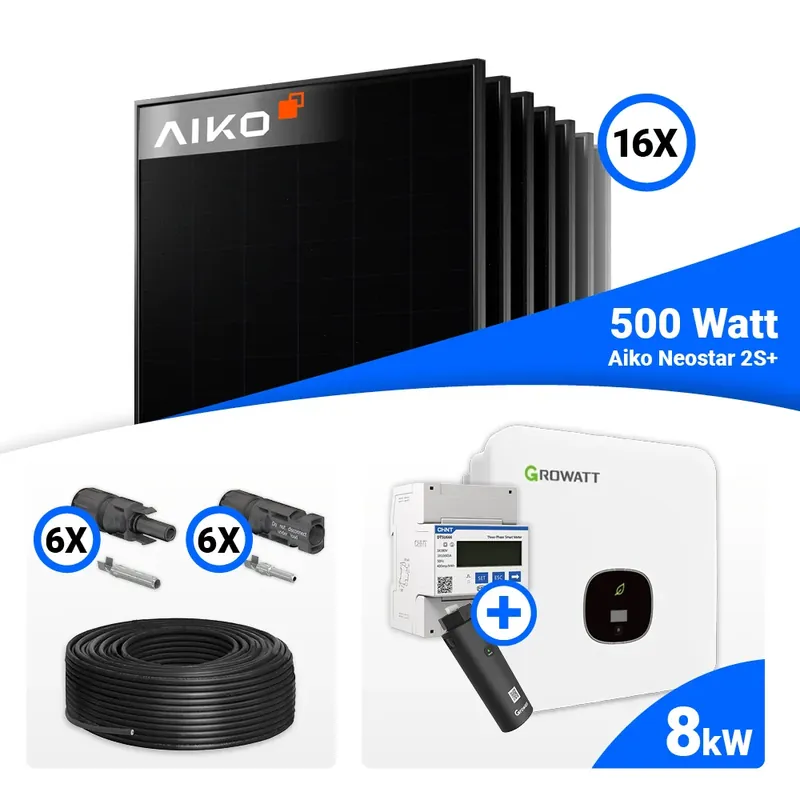 PV Komplettset8kWp – 16x AIKO 500W Full Black & Growatt MOD 8000TL3-XH BP mit Speicheroption Neu