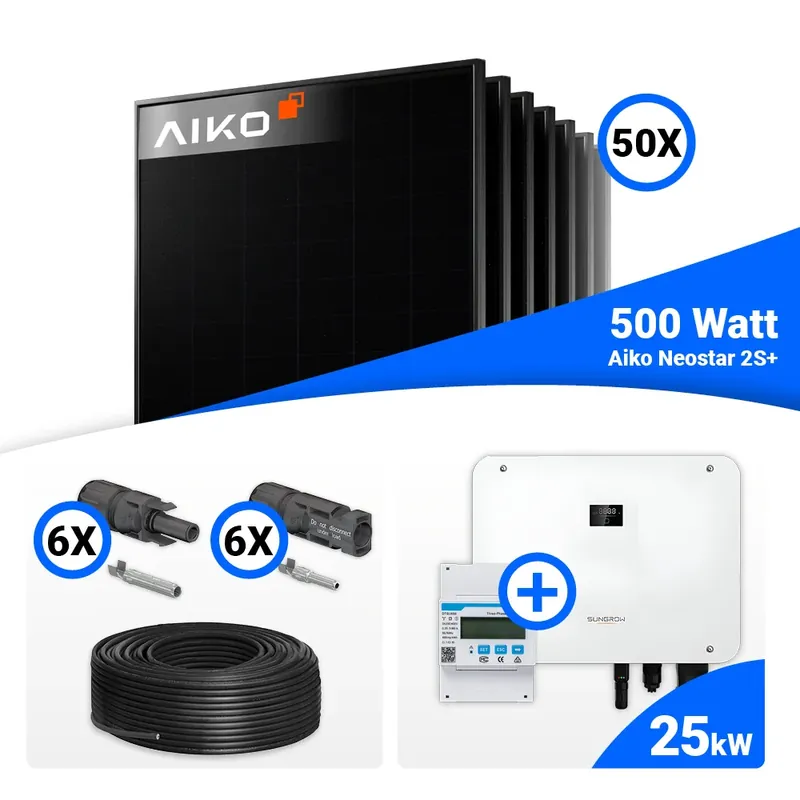 Neu PV Komplettset 25 kWp –50x AIKO 500W Full Black & Sungrow Hybrid SH25T mit Speicheroption