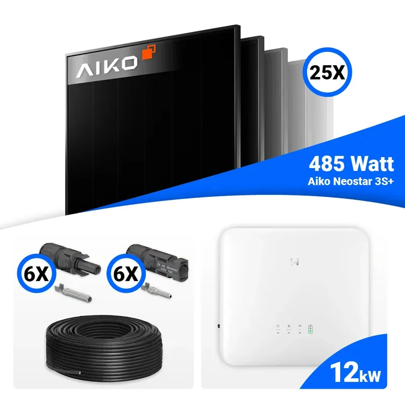 PV Komplettset 12 kWp – 25x AIKO 485W Full Black & GoodWe GW12K-ET-20 mit Speicheroption Wochenendangebot