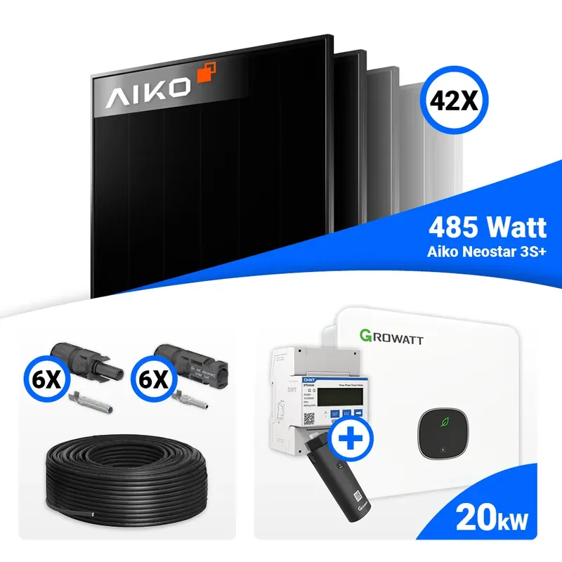 PV Komplettset 20 kWp – 42x AIKO 485W Full Black & Growatt MID20KTL3-XH mit Speicheroption Günstig
