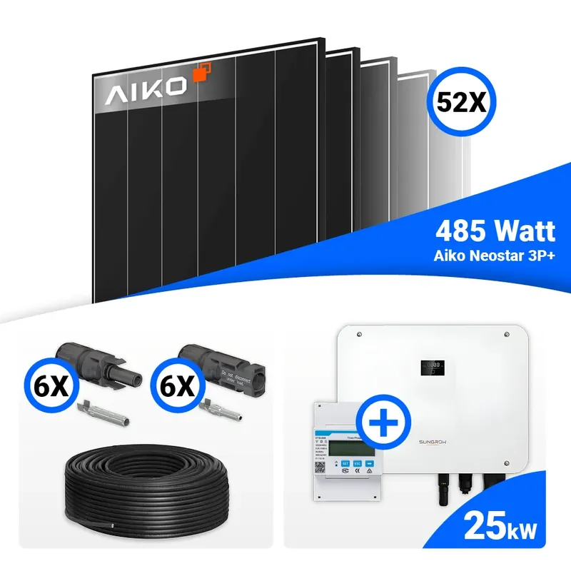 PV Komplettset 25 kWp – 52x AIKO 485W Full Black & Sungrow Hybrid SH25T mit Speicheroption Markenprodukt