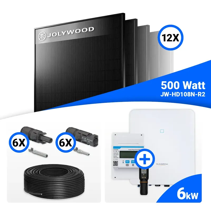 Heißes Angebot PV Komplettset 6 kWp – 12x Jolywood 500W Full Black & Sungrow SH6.0RT mit Speicheroption