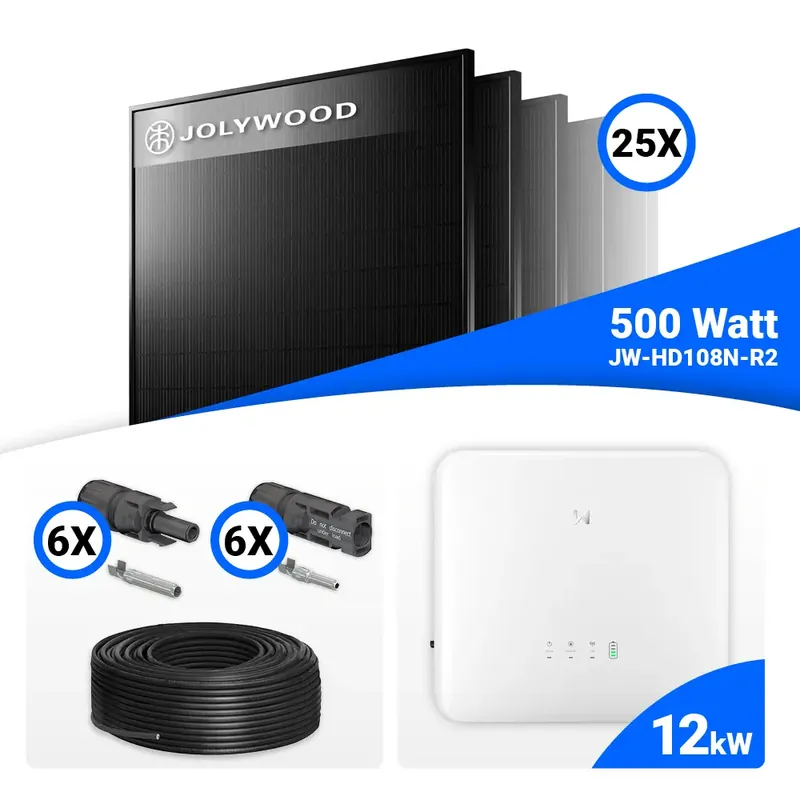 PV Komplettset 12 kWp – 24x Jolywood 500W Full Black & GoodWe GW12K-ET-20 mit Speicheroption Preis Gesenkt