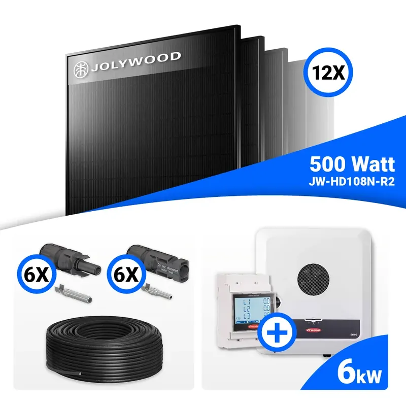 Neue Ware PV Komplettset 6 kWp – 12x Jolywood 500W Full Black & Fronius SYMO-GEN24 6.0 Plus SC mit Speicheroption