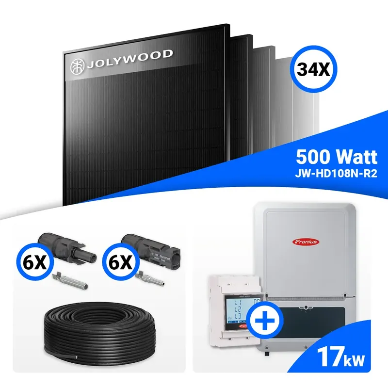 PV Komplettset 17 kWp – 34x Jolywood 500W Full Black & Fronius Verto Plus 17.5 mit Speicheroption Top-Seller