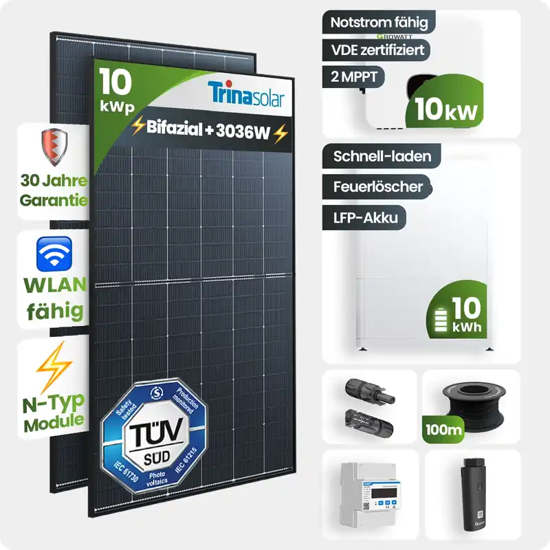 Neue Kollektion 10kWp Growatt PV-Anlage 23x Trina 445Wp Glas-Glas Bifazial mit 10kWh Speicher Notstromfähig Speicher erweiterbar