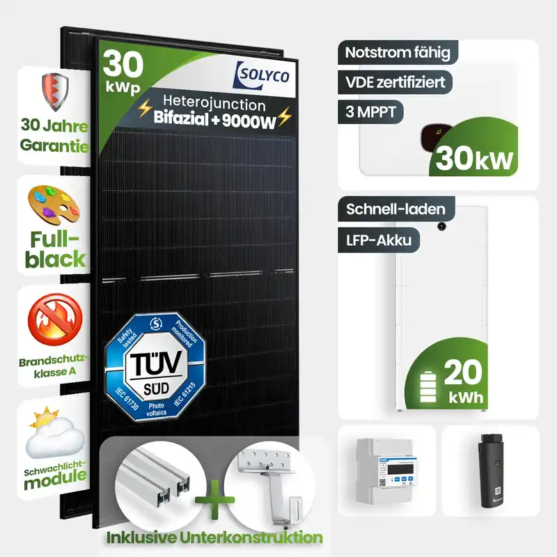 Schneller Versand 30 kWp Growatt PV-Anlage 60x Solyco 500Wp Bifazial Fullblack mit 20 kWh Speicher