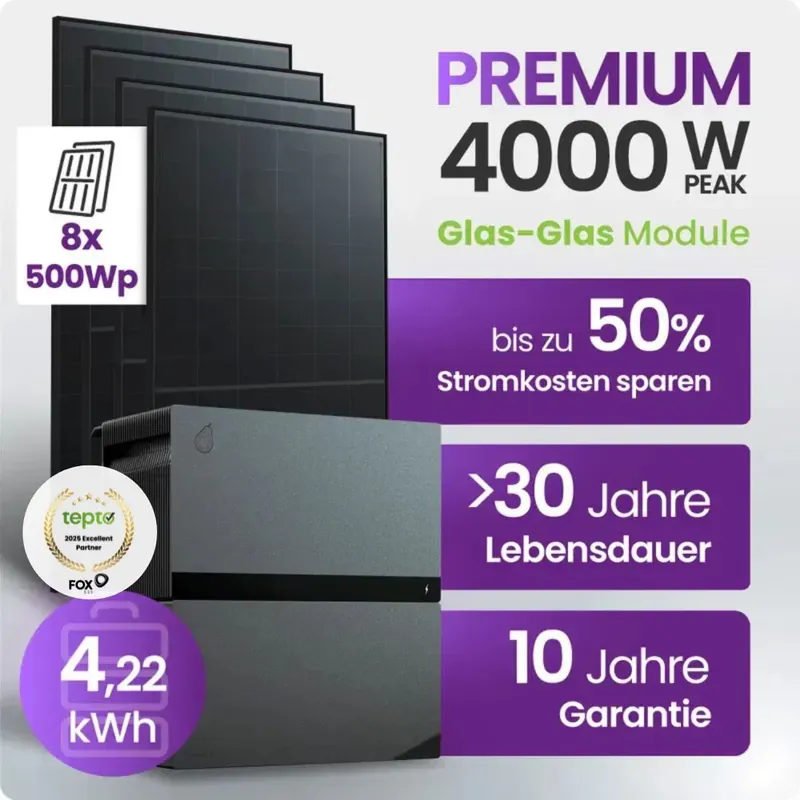 Tepto 4000W Plug&Play PV-Anlage Premium mit FoxEss Avocado 22 Pro 4,22kWh Speicher Schneller Versand