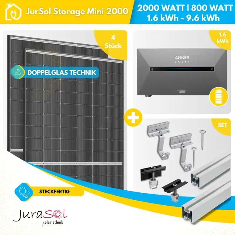 Mega-Angebot Balkonkraftwerk mit Speicher für Ziegeldach 2000 Watt 800 Watt - JurSol Storage Mini 2000 Watt - Bifazial Doppelglas