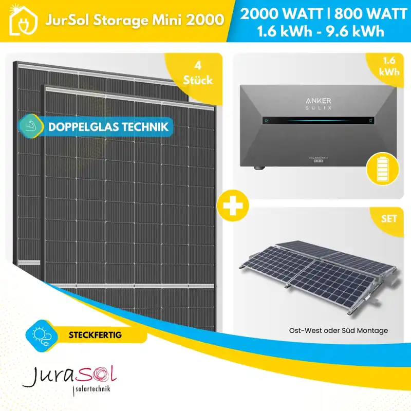 Sonderaktion Balkonkraftwerk mit Speicher für Flachdach 2000 Watt 800 Watt - Bifazial Doppelglas - JurSol Storage Mini 2000 Watt - Flachdach