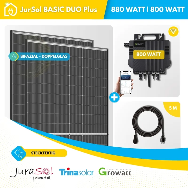Direkt Vom Hersteller Balkonkraftwerk 880 Watt 800 Watt Bifaziale Doppelglas Solarmodule Growatt Neo - JurSol BASIC DUO Plus