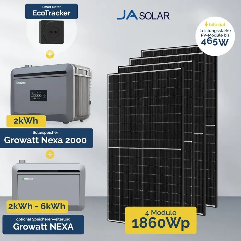 Günstig 1860 W Balkonkraftwerk mit Speicher – Growatt NEXA 2000 All-in-One & 4x JA Solar 465 W