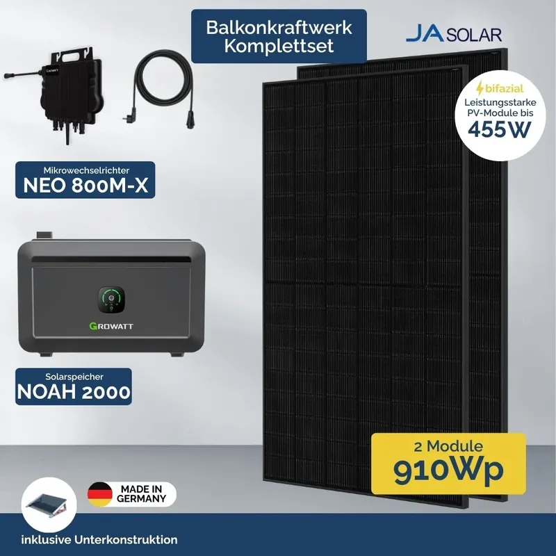 Balkonkraftwerk mit Growatt Mikrowechselrichter NEO 800M-X und NOAH 2000 Solarspeicher – FlatFlex Nur Heute
