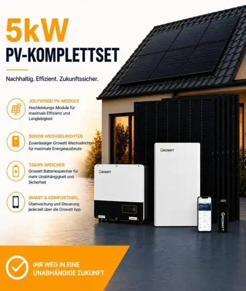 Direkt Vom Hersteller 5kW PV-Komplettset mit 5000W Wechselrichter + 7.6kWh Speicher + Jolywood PV-Module